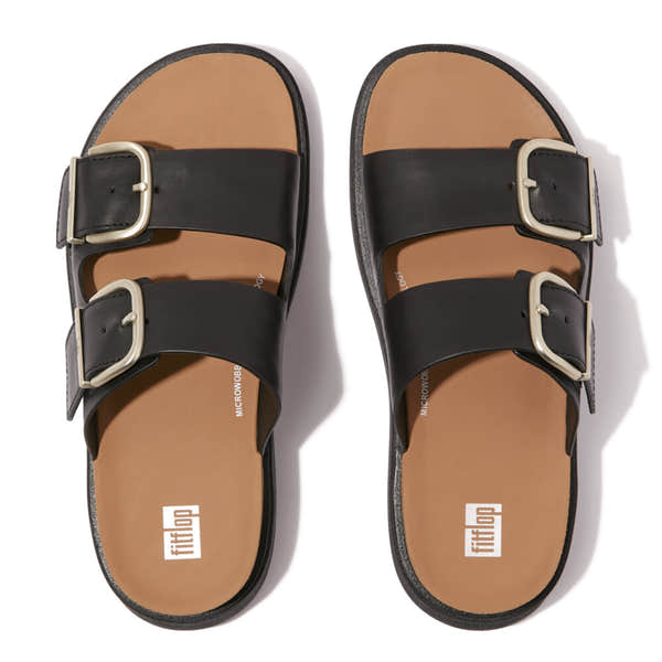 FitFlop HE8-001 Gen-FF women's black leather buckle sandals with wide straps and beige hardware.