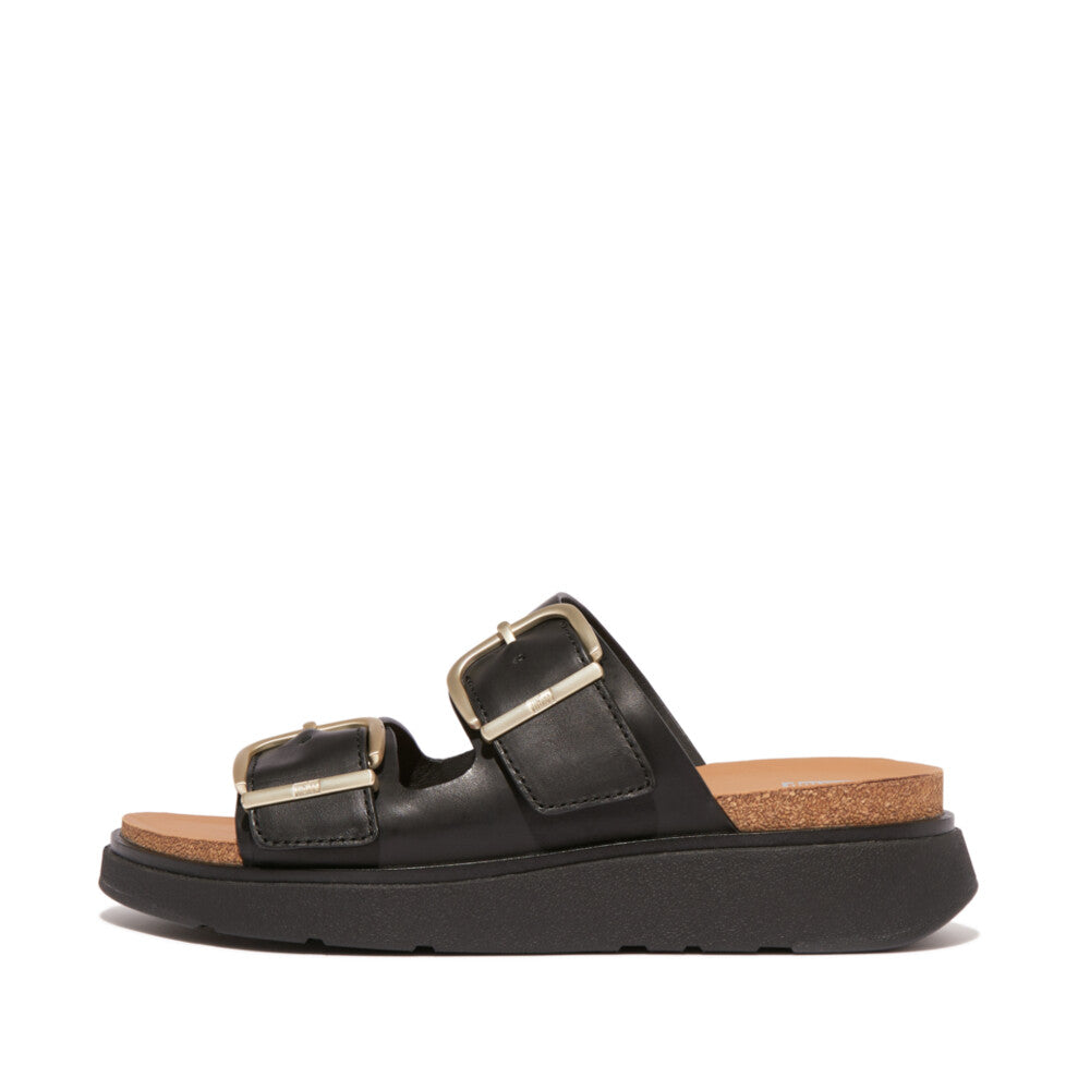 FitFlop HE8-001 Gen-FF Women's Wide Black Leather Buckle Sandals with cushioned footbed and chunky sole.