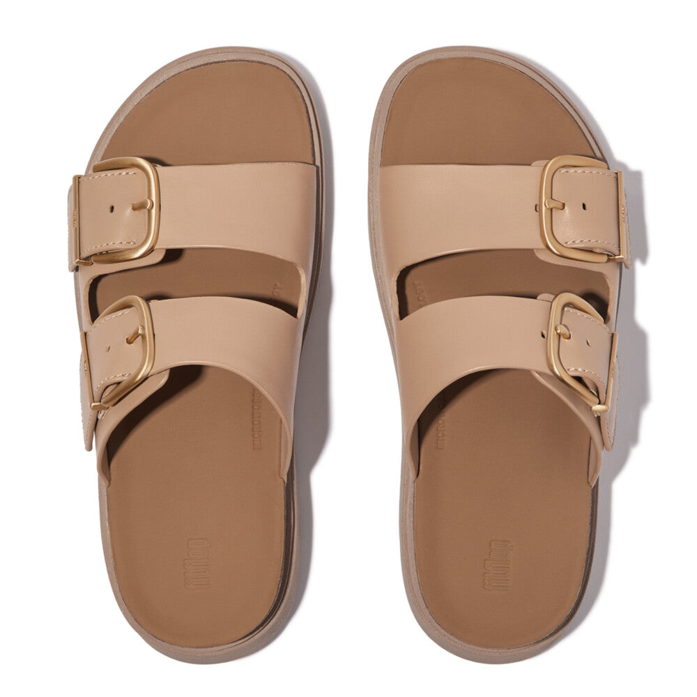 FitFlop HE8-B41 Gen-FF women's wide beige leather buckle sandals, cushioned footbed, two adjustable straps with gold buckles.