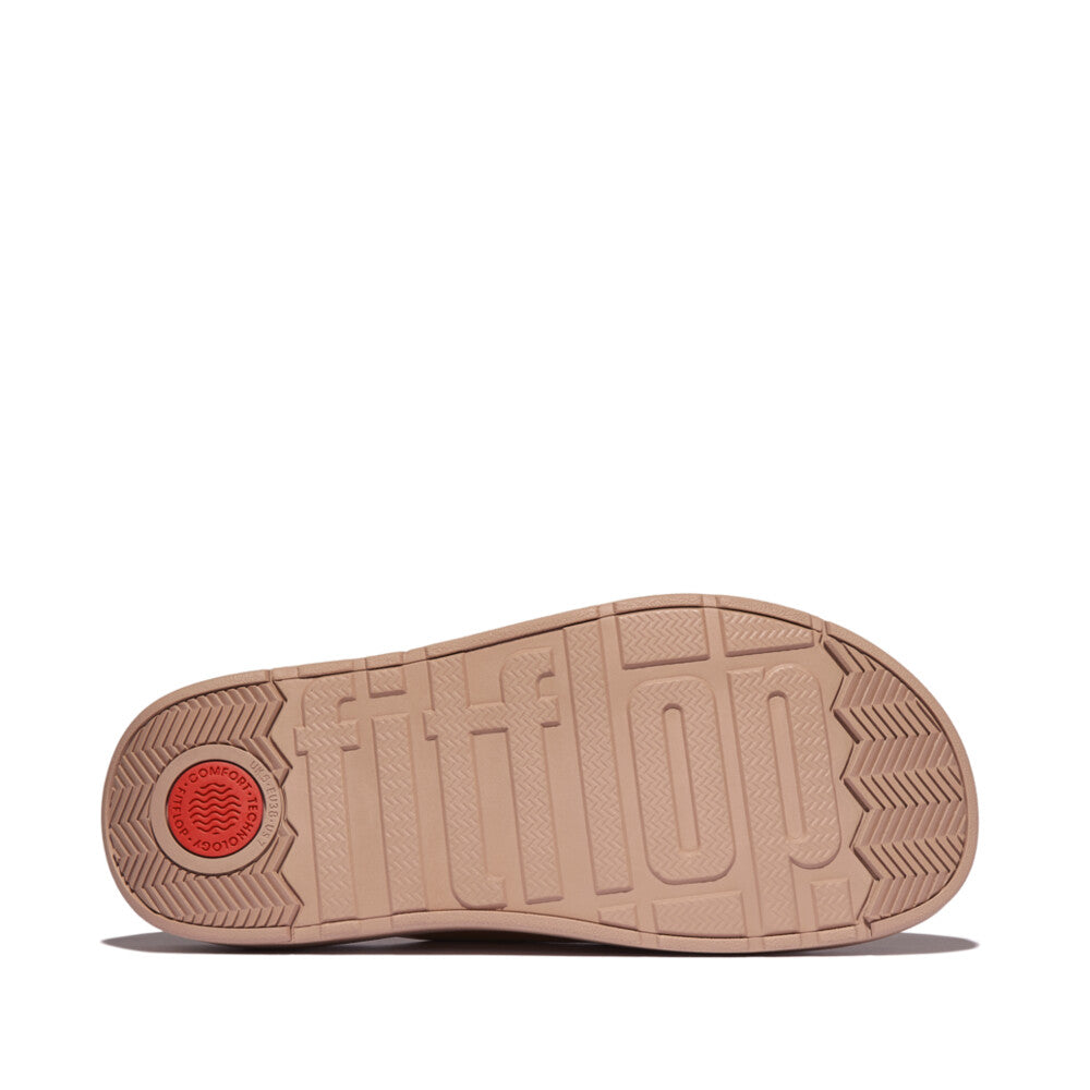 FitFlop HE8-B41 Gen-FF women's wide beige leather buckle sandals with textured sole and comfortable design.