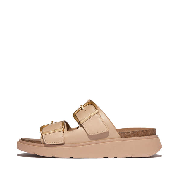 FitFlop HE8-B41 Gen-FF women's wide beige leather buckle sandals with chunky sole and footbed cushioning.