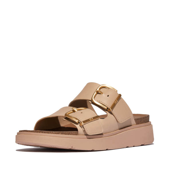 FitFlop HE8-B41 Gen-FF women's wide beige leather buckle sandals with cushioned sole and adjustable straps.
