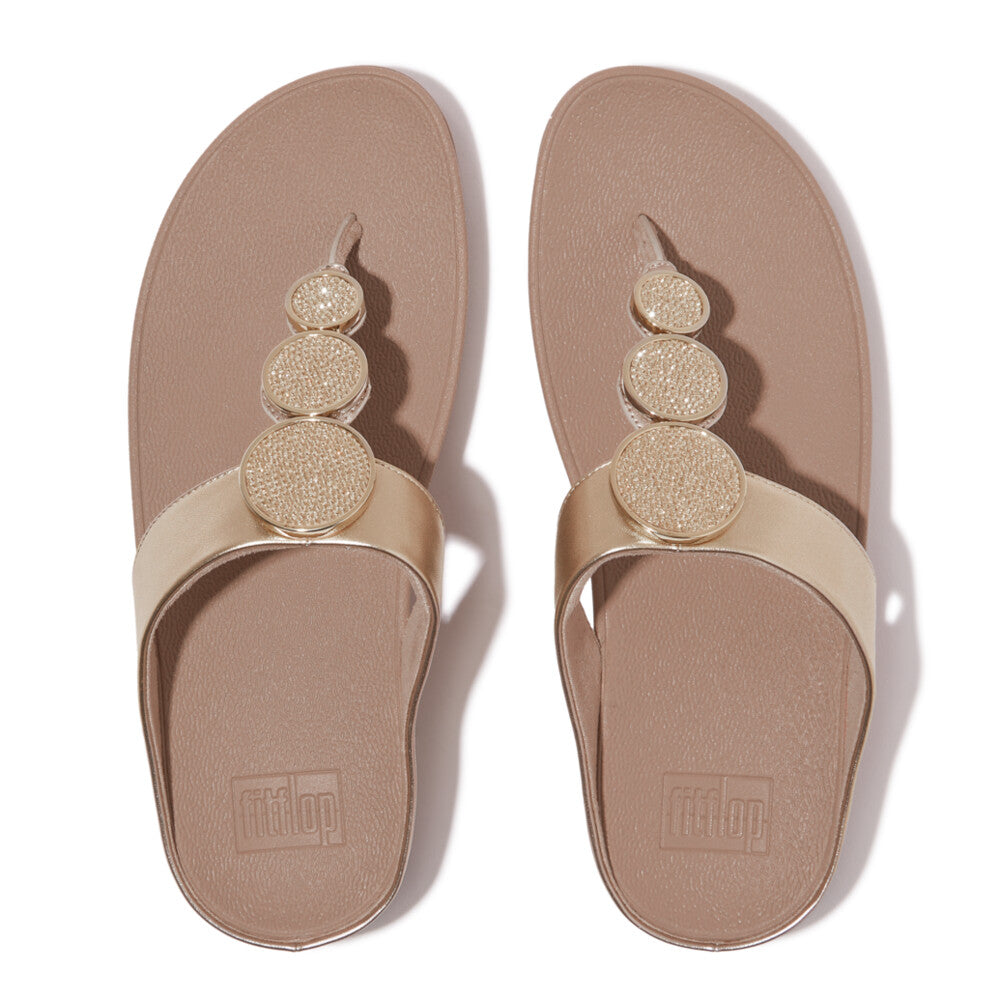FitFlop HJ1-C22 Halo Bead ladies' metallic latte beige slip-on sandals with decorative gold-tone beaded upper.