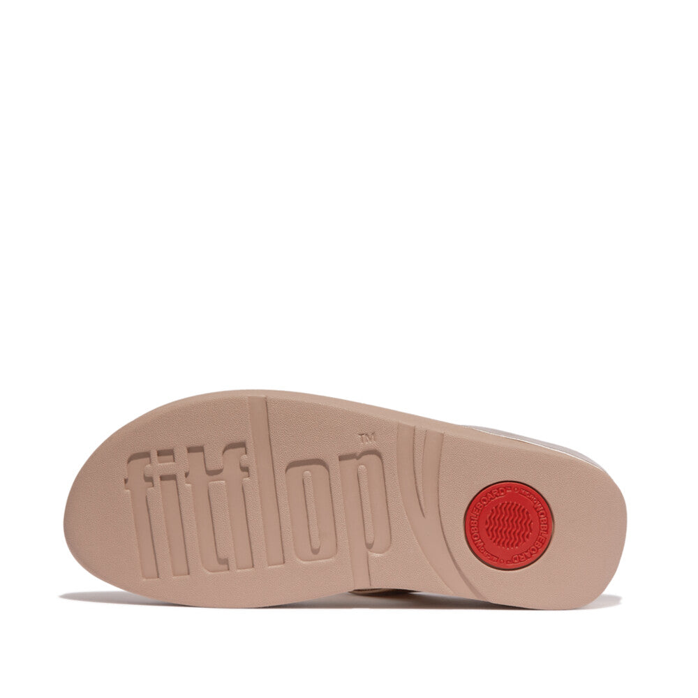 FitFlop Halo Bead Ladies Metallic Latte Beige Slip-On Sandals with bead accents and cushioned rubber sole.