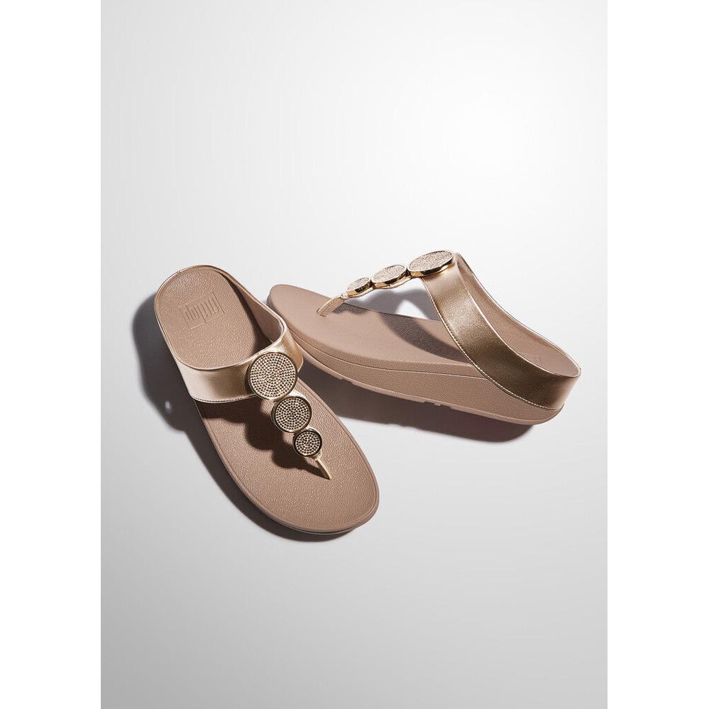 FitFlop Halo Bead Slip-On Sandals for Ladies, Metallic Latte Beige, lightweight, metallic finish with decorative bead accents.