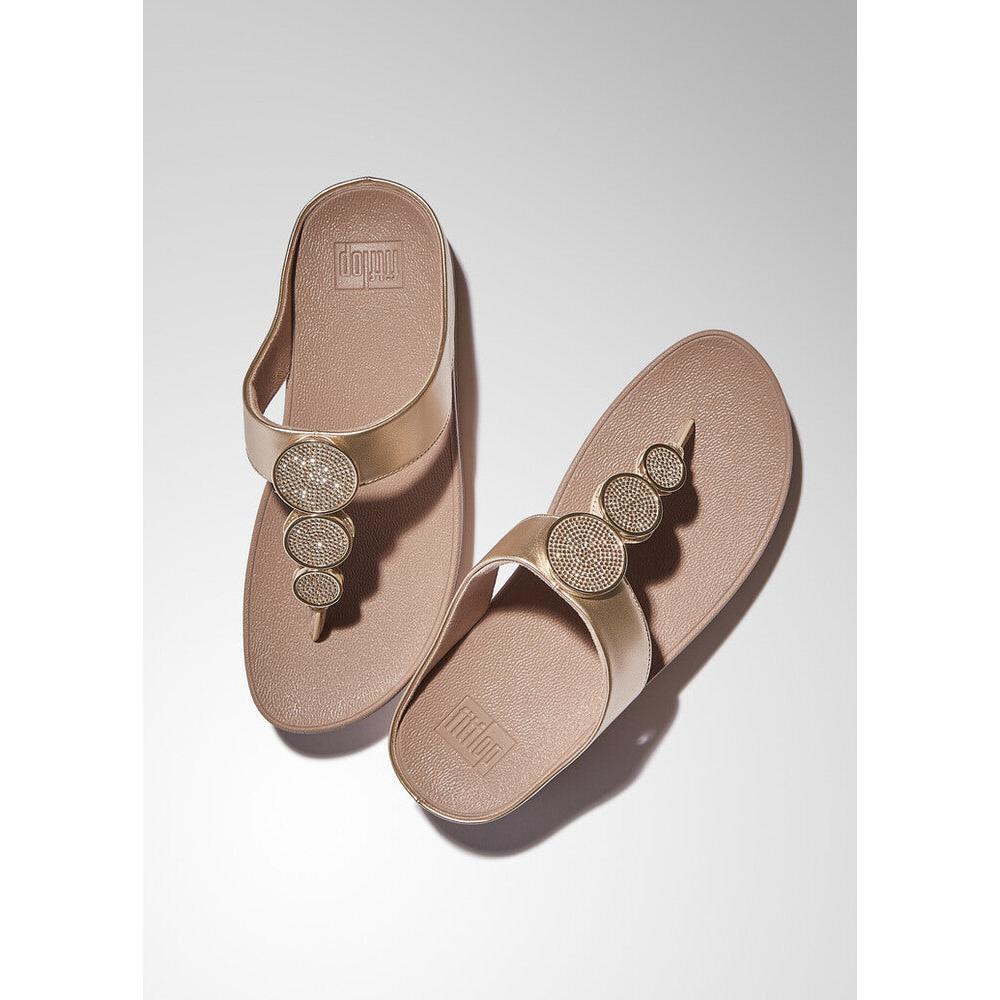 FitFlop Halo Bead Ladies Metallic Latte Beige Slip-On Sandals with decorative beaded straps.
