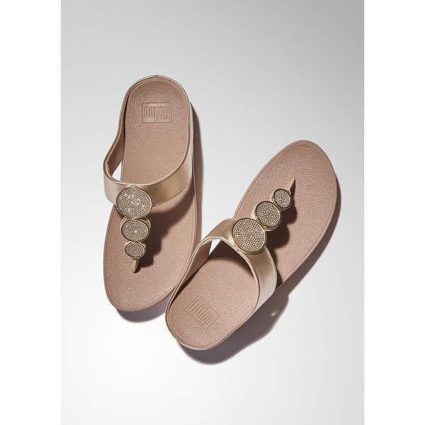 FitFlop Halo Bead Ladies Metallic Latte Beige Slip-On Sandals with decorative beaded straps.