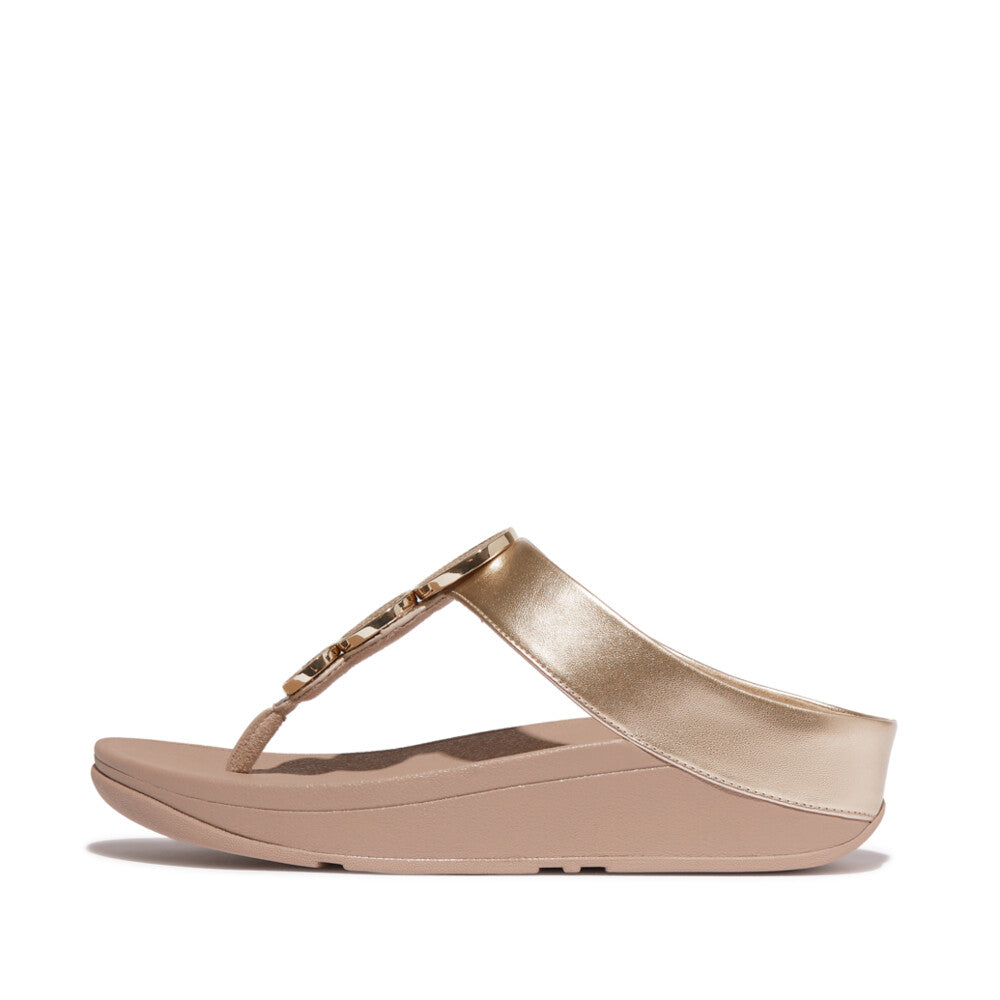 FitFlop Halo Bead Ladies Metallic Latte Beige Slip-On Sandals with Beaded Strap and cushioned sole.