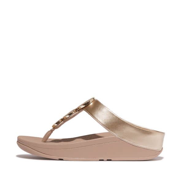 FitFlop Halo Bead Ladies Metallic Latte Beige Slip-On Sandals with Beaded Strap and cushioned sole.