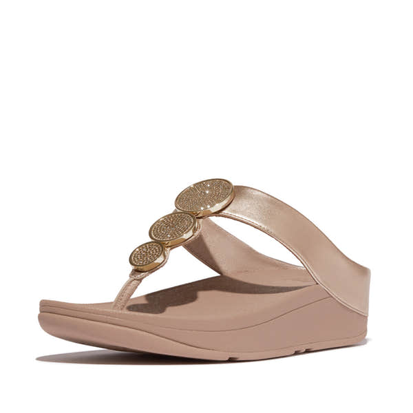 FitFlop Halo Bead Ladies Metallic Latte Beige Slip-On Sandals with decorative bead accents and cushioned wedge sole.