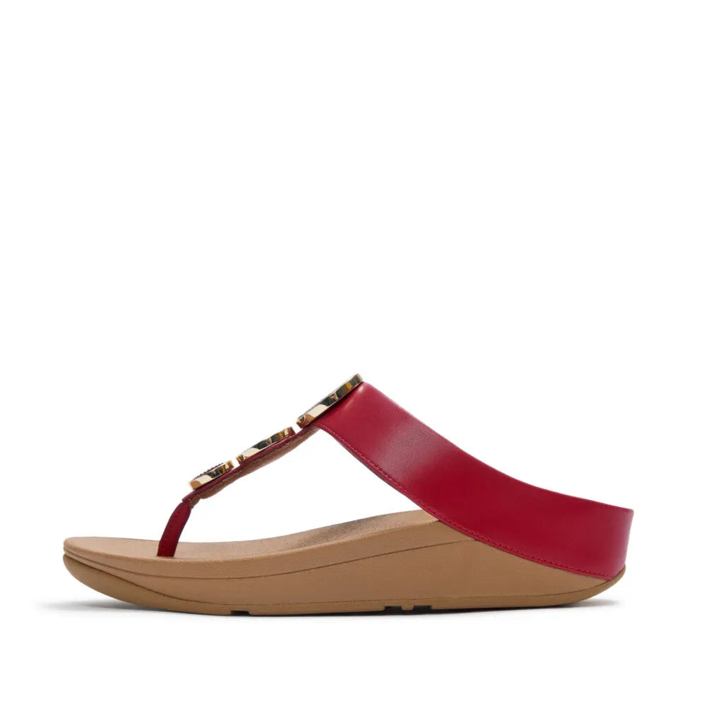 FitFlop Halo Bead-Circle T-Bar Sandals for women, burnt berry leather with bead-circle detail, cushioned beige sole, stylish summer footwear.