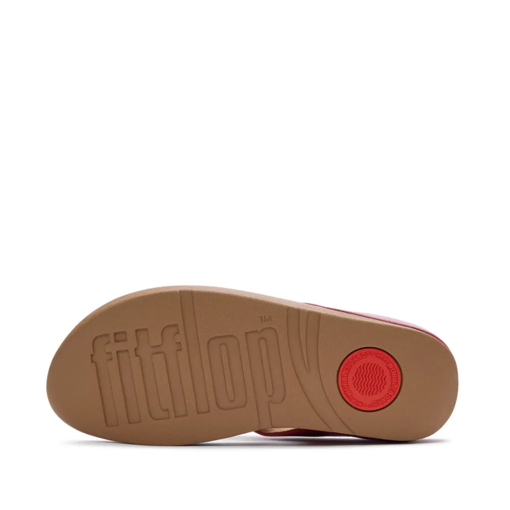 FitFlop Halo Bead-Circle T-strap sandals in burnt berry with beige sole, bead detail, and embossed logo.