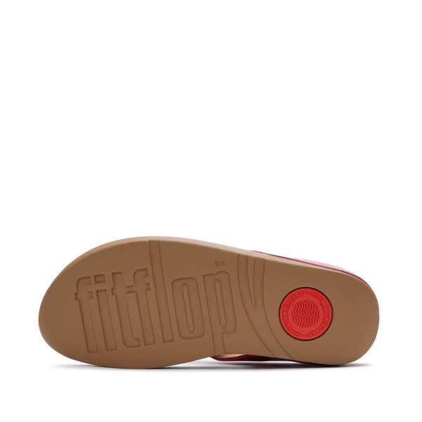FitFlop Halo Bead-Circle T-strap sandals in burnt berry with beige sole, bead detail, and embossed logo.