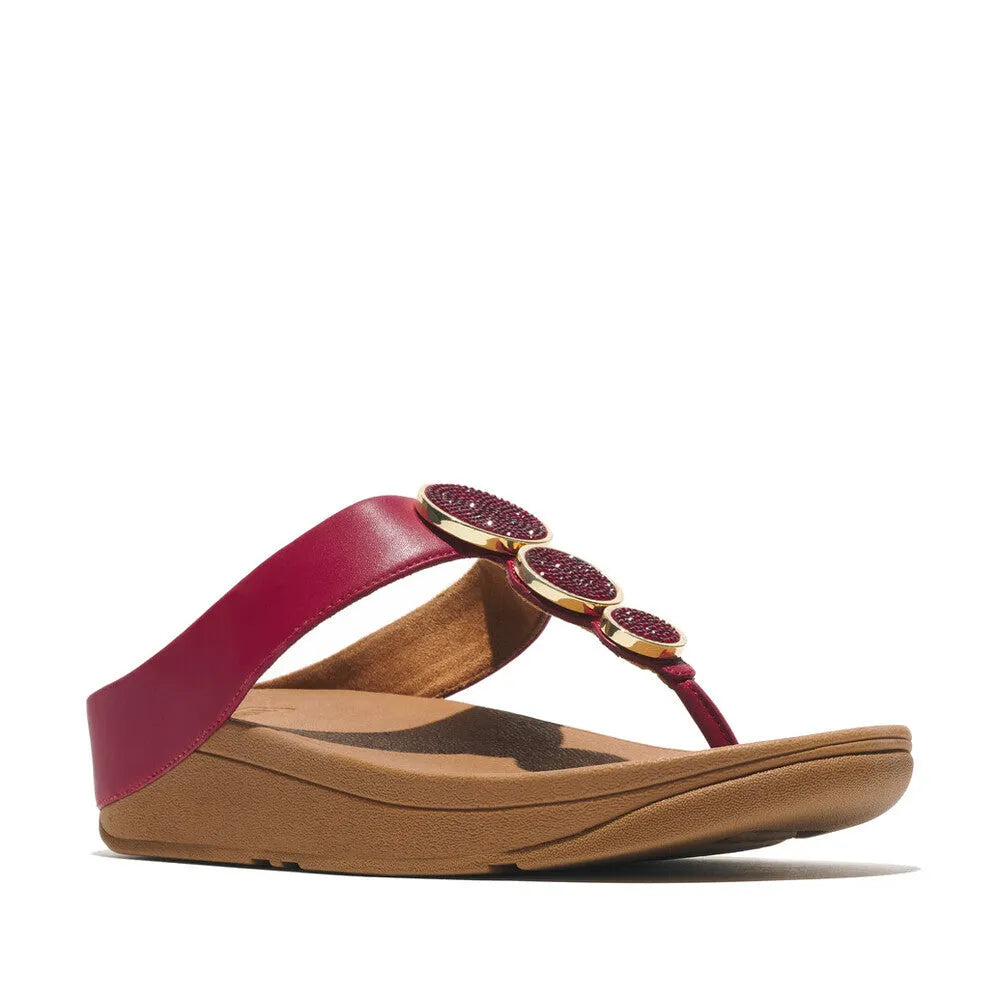 FitFlop Halo Bead-Circle Ladies Burnt Berry T-Bar Sandals with decorative bead circles and cushioned sole.