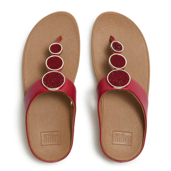 FitFlop Halo Bead-Circle Ladies Burnt Berry T-bar Sandals with beaded circle embellishments and red straps.