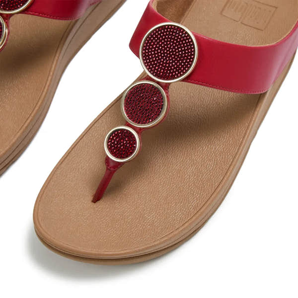 FitFlop HJ1-D47 Halo Bead-Circle Ladies Burnt Berry T-Bar Sandals with decorative beaded circle details.