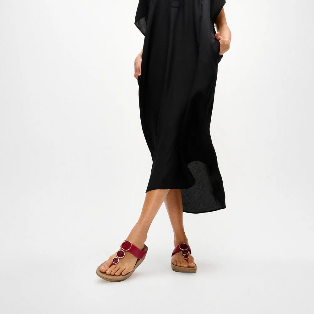 FitFlop HJ1-D47 Halo Bead-Circle Burnt Berry T-bar women's sandals with bead detail and cushioned sole.