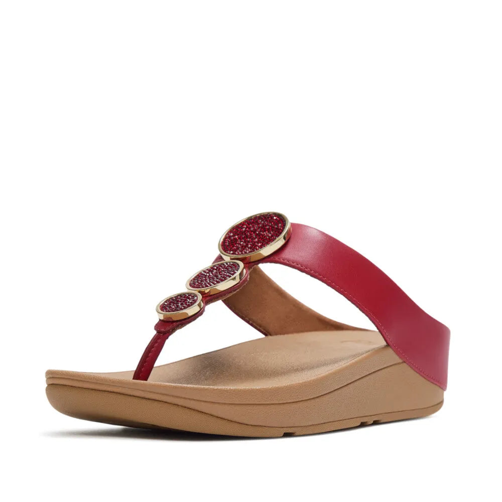 FitFlop Halo Bead-Circle T-Bar Ladies Burnt Berry Sandals with embellished circular beads and T-strap design.