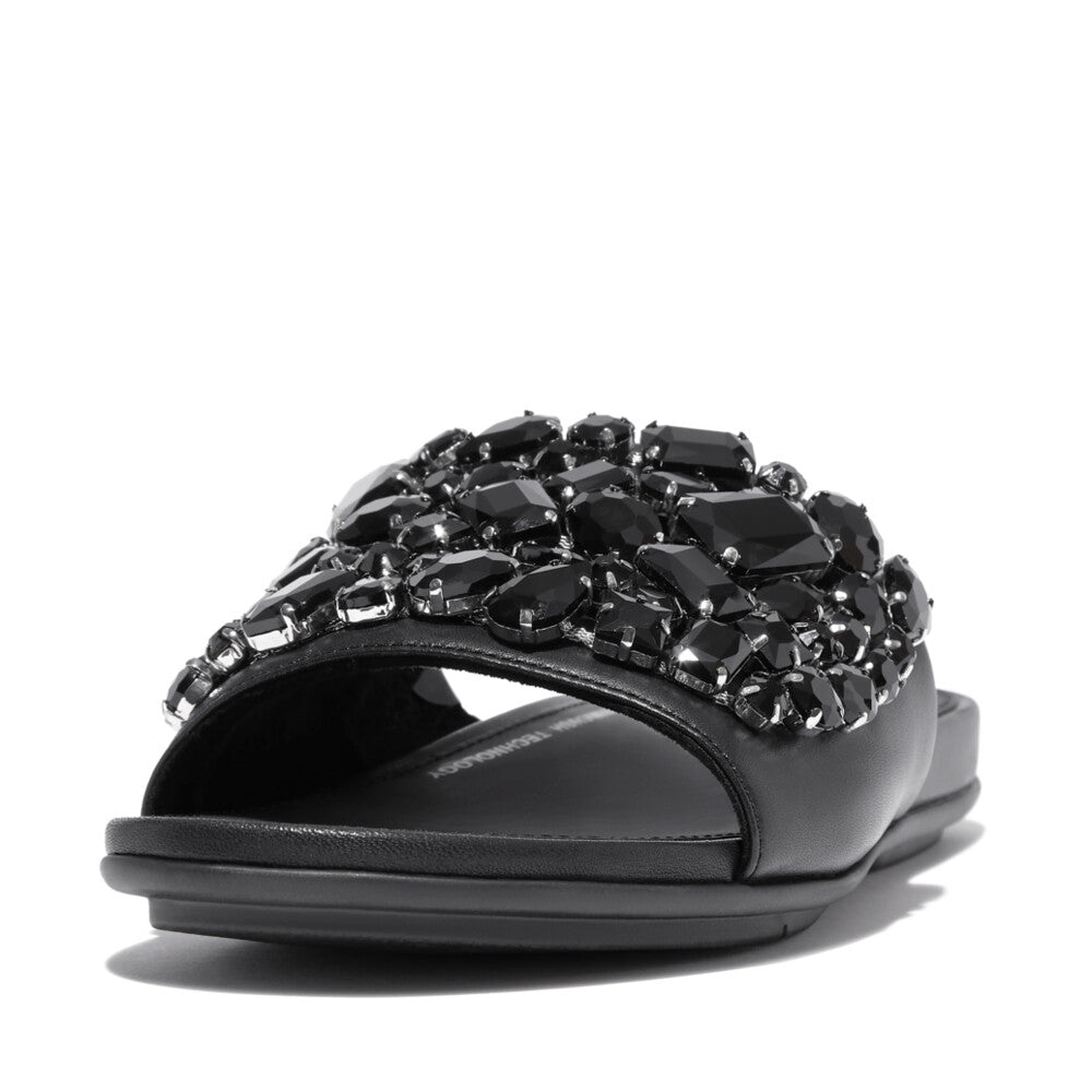 FitFlop HP3-001 Gracie Jewel-Deluxe Ladies Black Leather Slider Sandals-elevate your sole