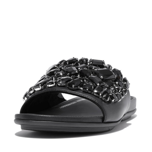FitFlop HP3-001 Gracie Jewel-Deluxe Ladies Black Leather Slider Sandals-elevate your sole