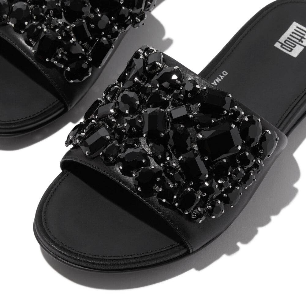 FitFlop HP3-001 Gracie Jewel-Deluxe Ladies Black Leather Slider Sandals-elevate your sole