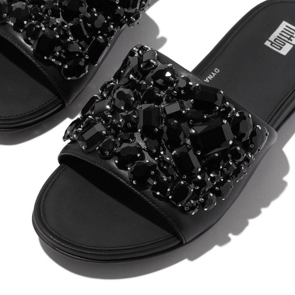 FitFlop HP3-001 Gracie Jewel-Deluxe Ladies Black Leather Slider Sandals-elevate your sole
