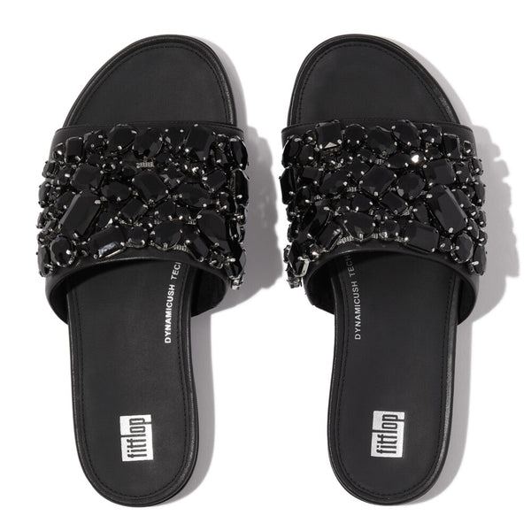 FitFlop HP3-001 Gracie Jewel-Deluxe Ladies Black Leather Slider Sandals-elevate your sole