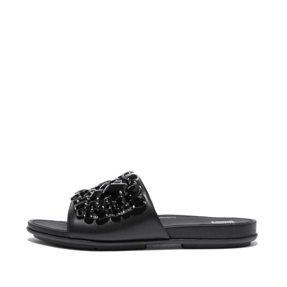 FitFlop HP3-001 Gracie Jewel-Deluxe Ladies Black Leather Slider Sandals-elevate your sole