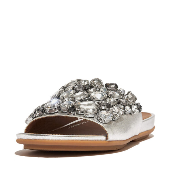 FitFlop HQ6-011 Gracie Jewel-Deluxe Ladies Silver Leather Slider Sandals-elevate your sole