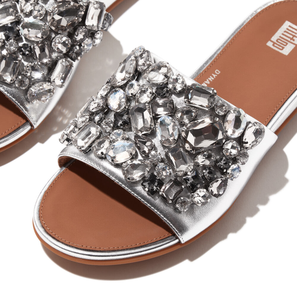 FitFlop HQ6-011 Gracie Jewel-Deluxe Ladies Silver Leather Slider Sandals-elevate your sole