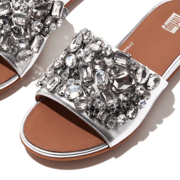 FitFlop HQ6-011 Gracie Jewel-Deluxe Ladies Silver Leather Slider Sandals-elevate your sole