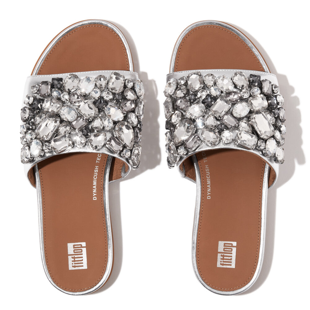 FitFlop HQ6-011 Gracie Jewel-Deluxe Ladies Silver Leather Slider Sandals-elevate your sole