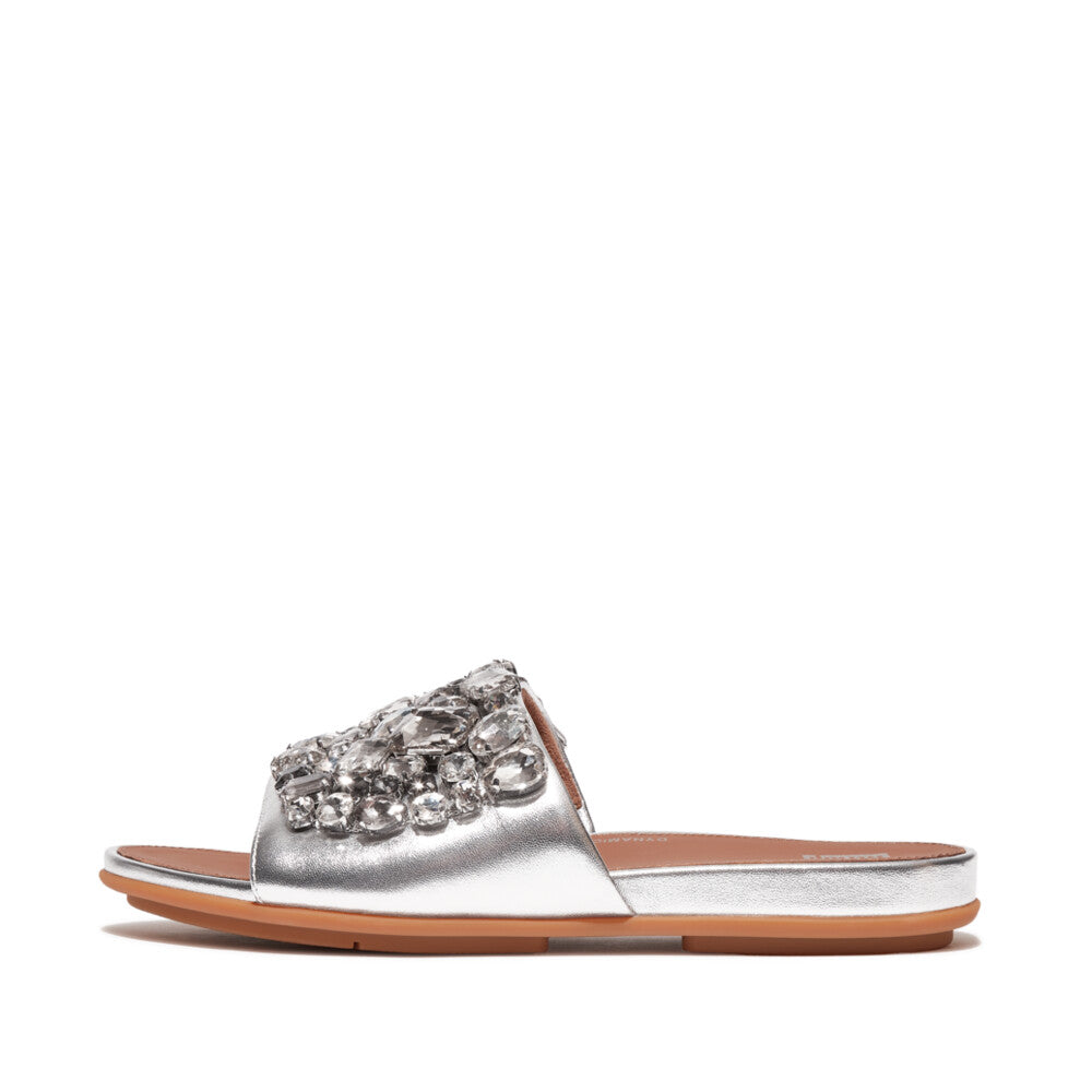FitFlop HQ6-011 Gracie Jewel-Deluxe Ladies Silver Leather Slider Sandals-elevate your sole