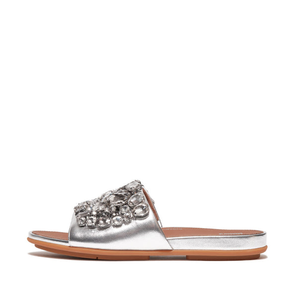 FitFlop HQ6-011 Gracie Jewel-Deluxe Ladies Silver Leather Slider Sandals-elevate your sole