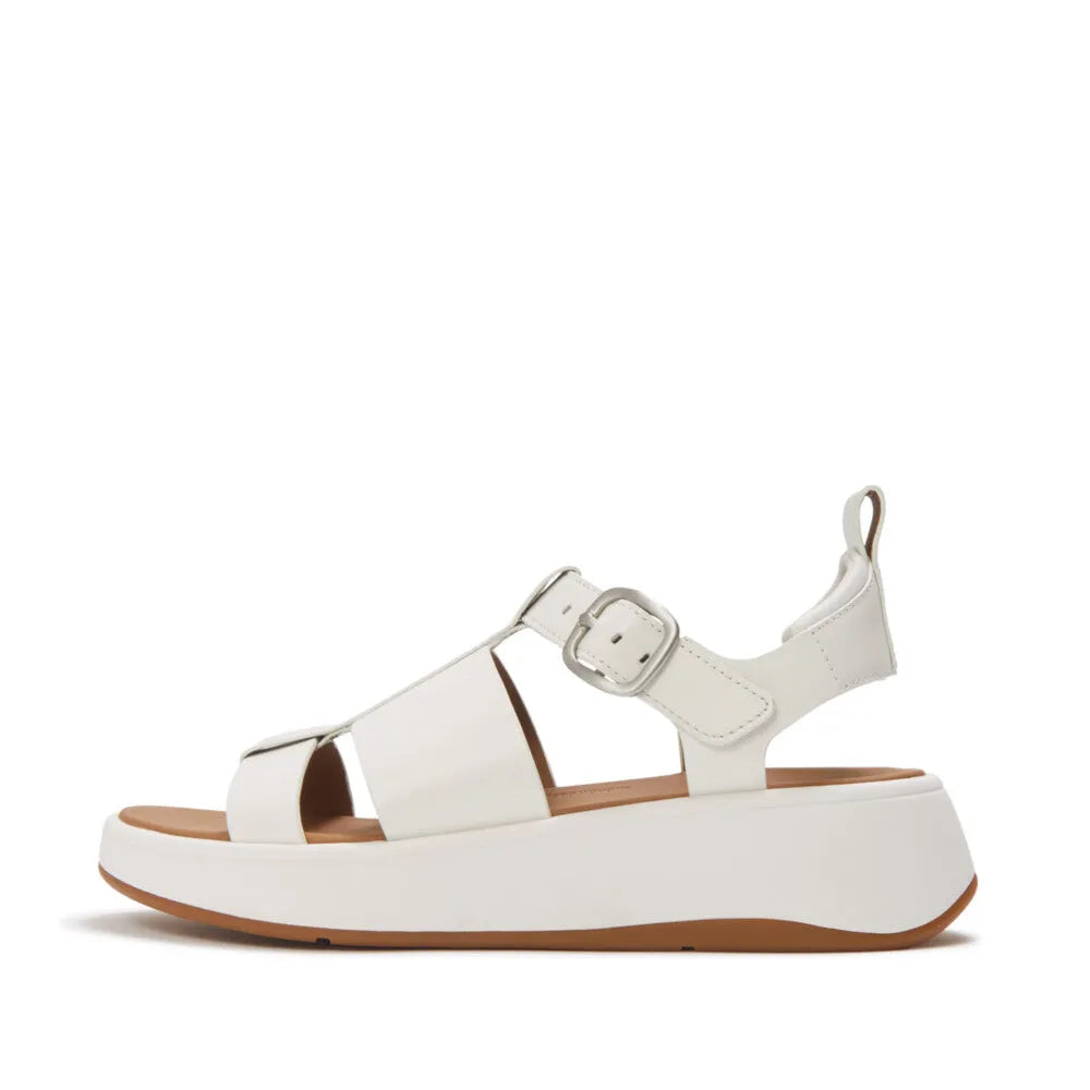 FitFlop HV1-194 F-Mode leather white platform sandals with buckle strap and urban design.