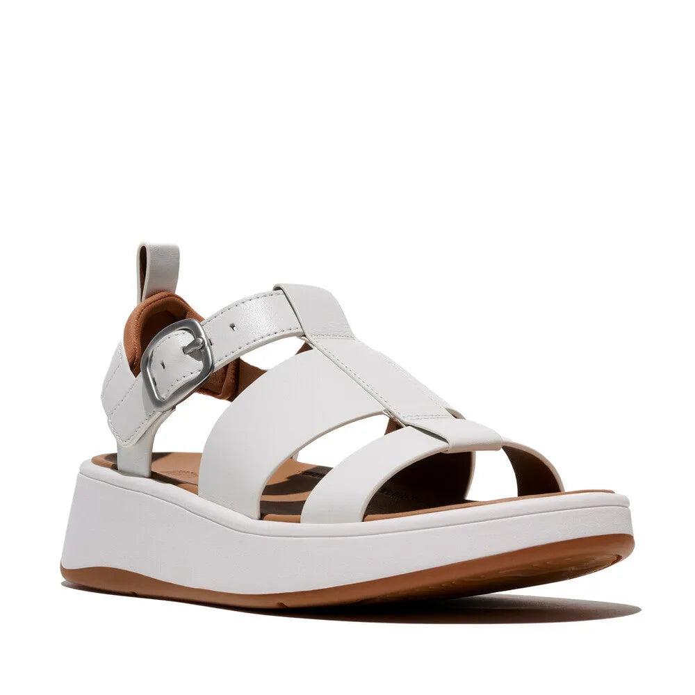 FitFlop HV1-194 F-Mode leather white platform sandals with buckle straps and brown accents for women.