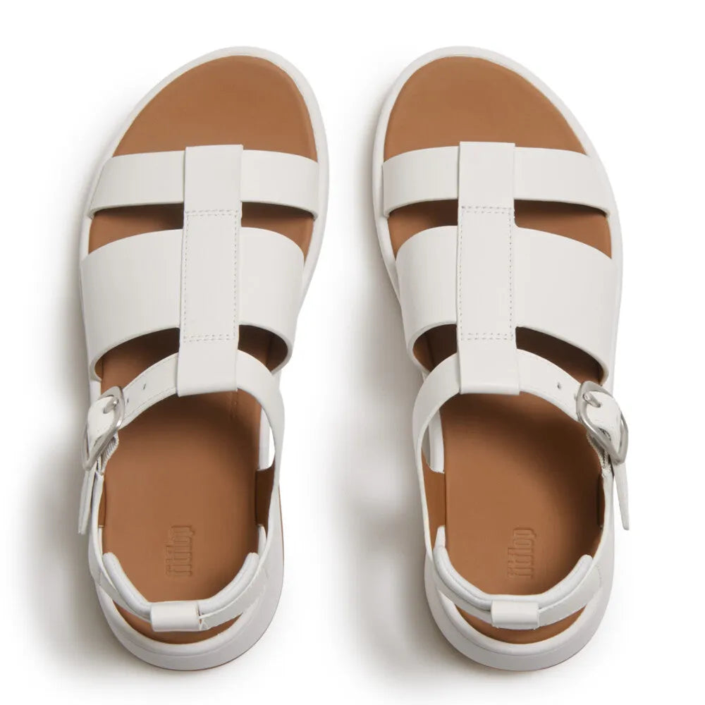 White leather men’s FitFlop HV1-194 F-Mode Flatform sandals with buckle straps, suitable for urban casual wear.
