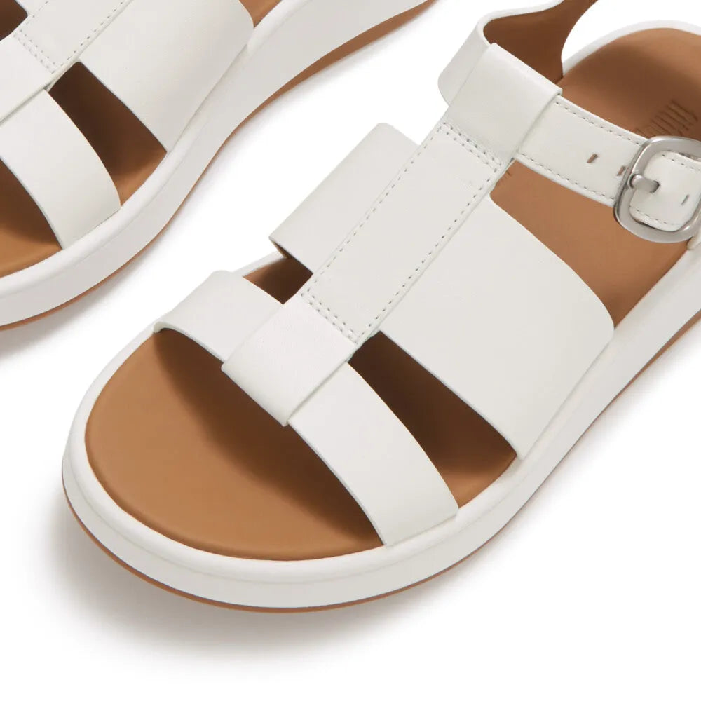 FitFlop HV1-194 F-Mode leather women’s white buckle flatform sandals with sporty design and cushioned footbed.
