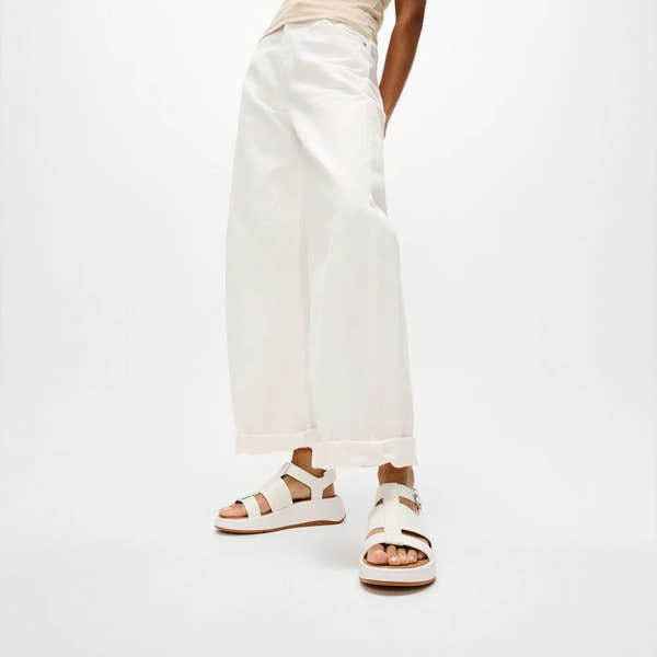 FitFlop HV1-194 F-Mode leather urban white buckle sandals for women, chunky flatform design with white leather straps.
