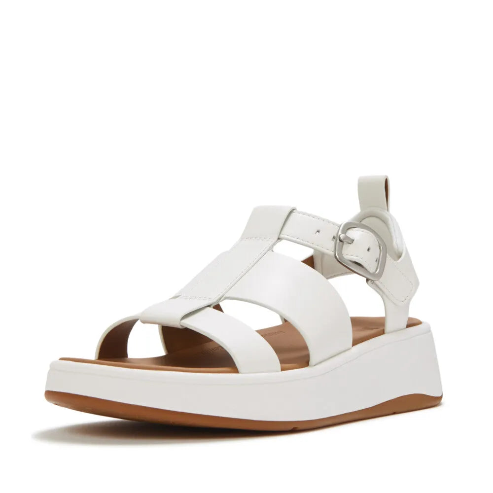 FitFlop HV1-194 F-Mode White Leather Platform Sandals with buckle strap, cushioned insole, and chunky white flatform sole.