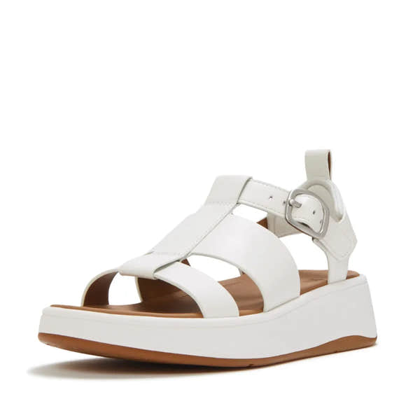 FitFlop HV1-194 F-Mode White Leather Platform Sandals with buckle strap, cushioned insole, and chunky white flatform sole.