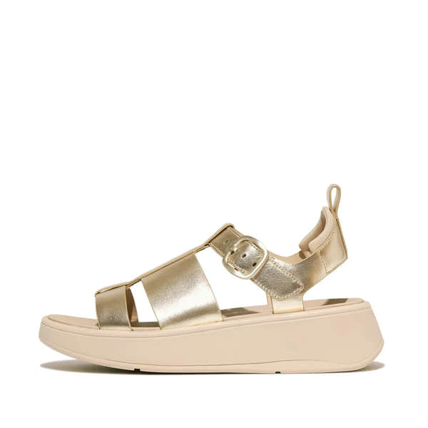 FitFlop HV2-675 F-Mode metallic leather platform sandals with buckle, cushioned sole, and ankle strap in platinum color.