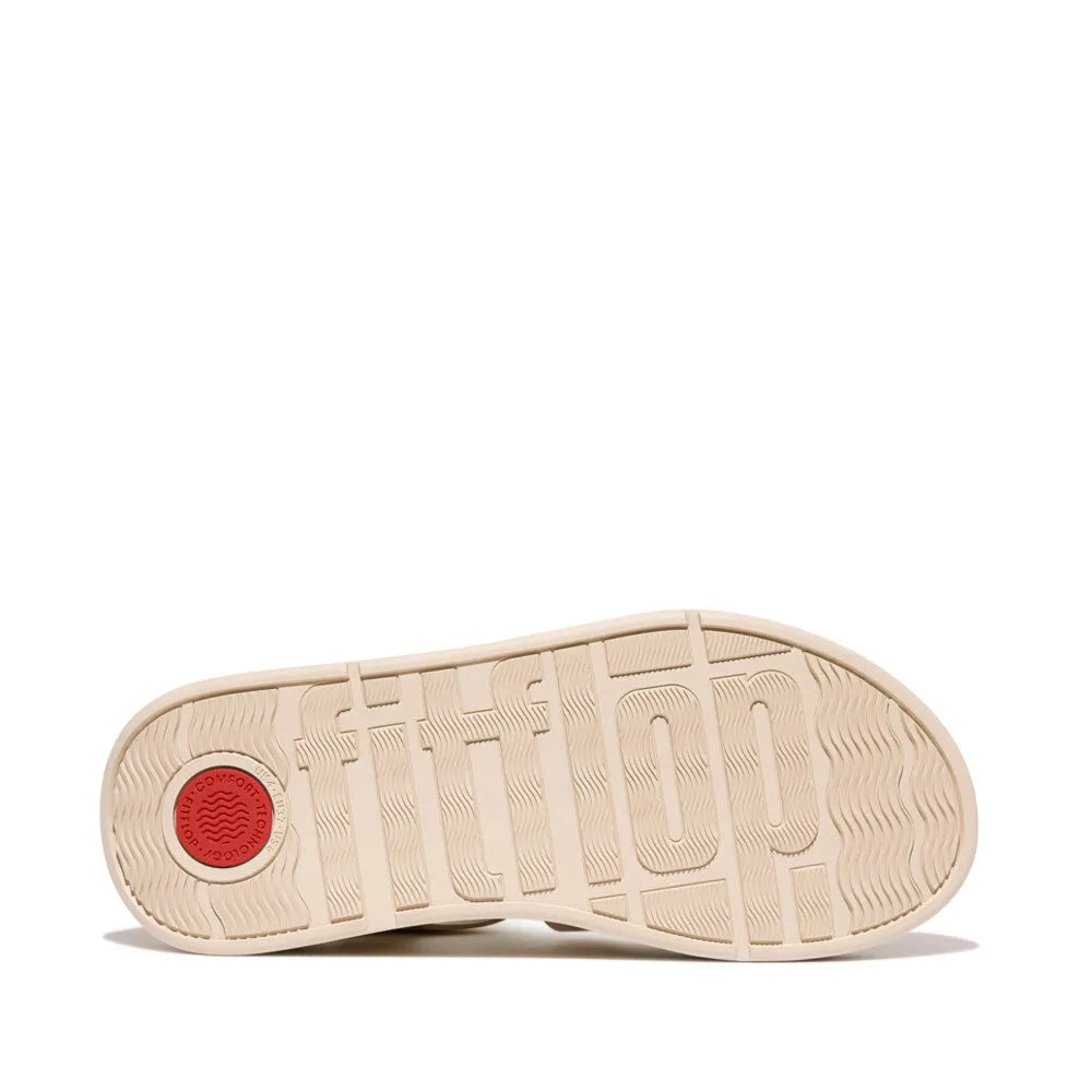 FitFlop HV2-675 F-Mode metallic leather ladies platform sandals with buckle straps, platinum color, and textured sole.