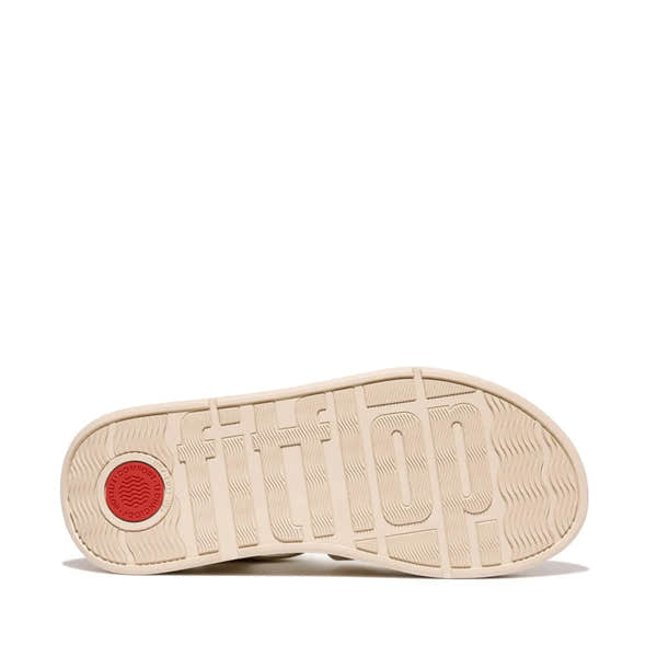 FitFlop HV2-675 F-Mode metallic leather ladies platform sandals with buckle straps, platinum color, and textured sole.