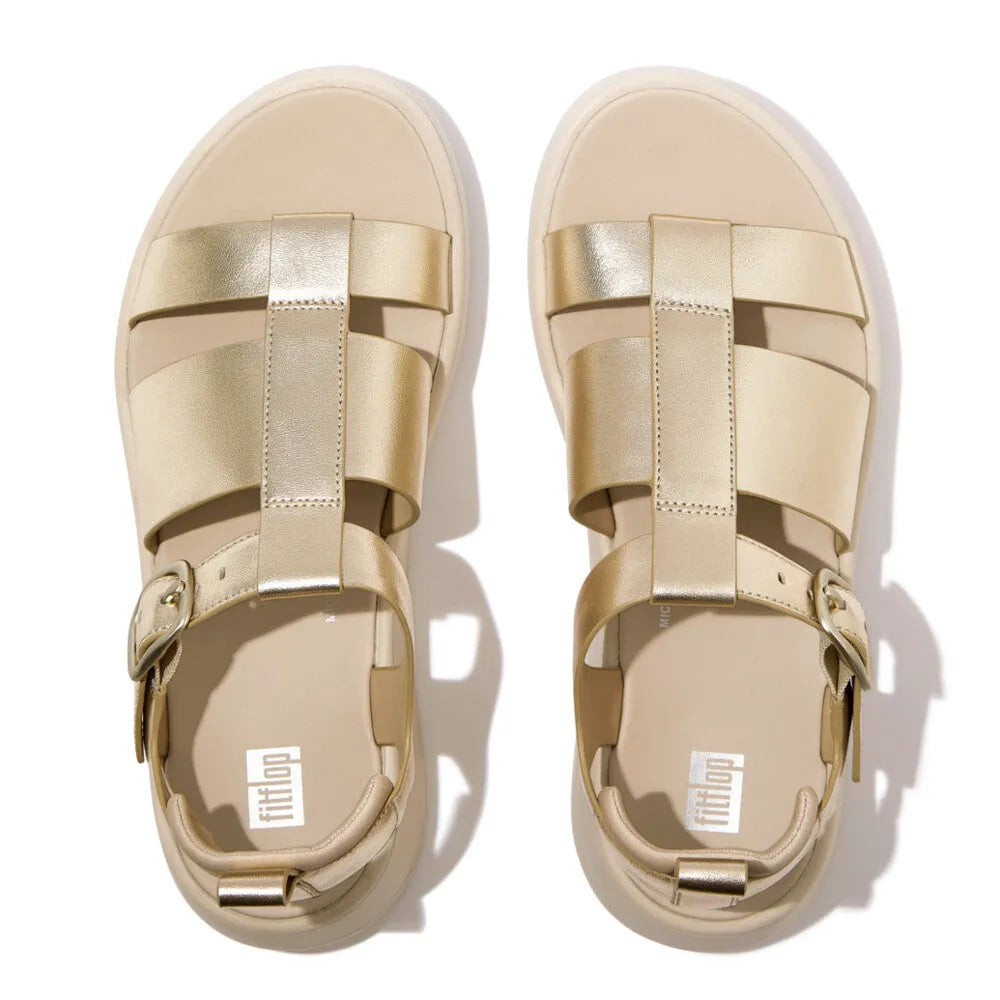 FitFlop HV2-675 F-Mode metallic leather platform sandals with buckles, beige and platinum tones, women's flat footwear.