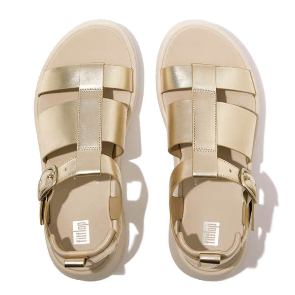 FitFlop HV2-675 F-Mode metallic leather platform sandals with buckles, beige and platinum tones, women's flat footwear.