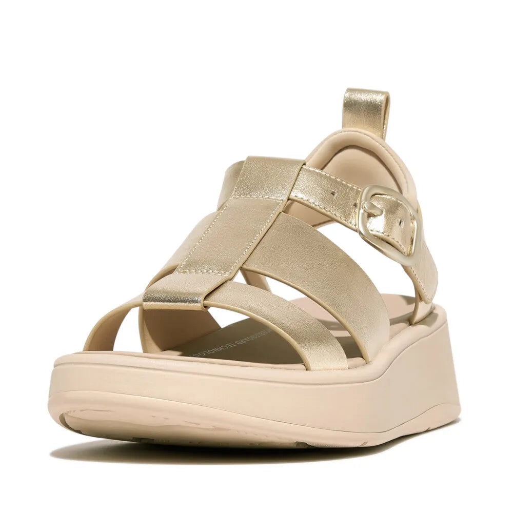 FitFlop HV2-675 F-Mode metallic leather platform sandals with buckle strap, beige color, cushioned sole, ladies' fashion footwear.