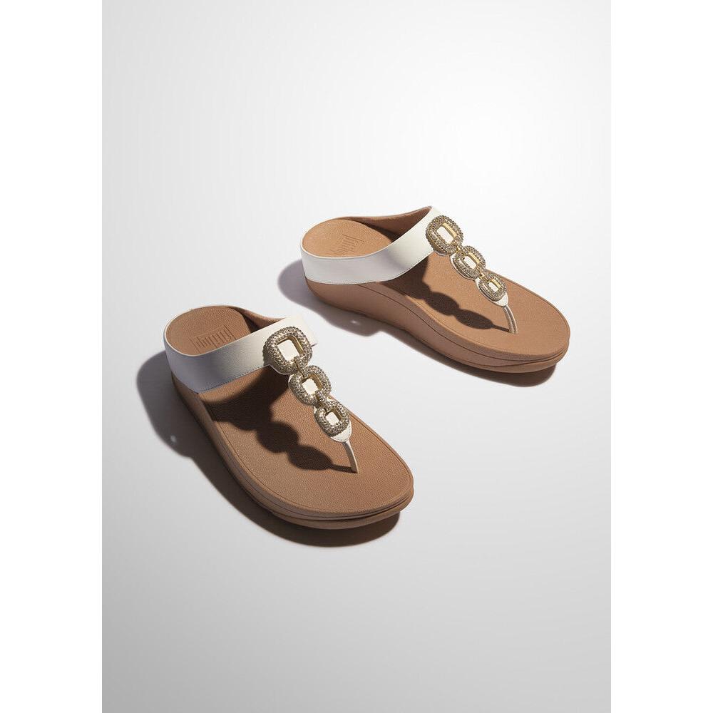 FitFlop HX2-194 Fino Crystal Ladies Urban White Leather Slip-On Sandals with jeweled chain detail.