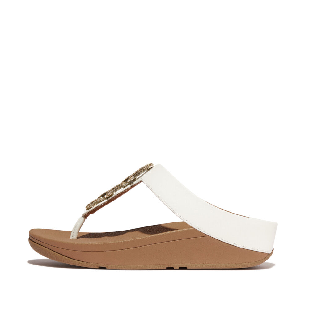 FitFlop HX2-194 Fino Crystal ladies urban white leather slip-on sandals with embellished detail, cushioned footbed, and tan sole.