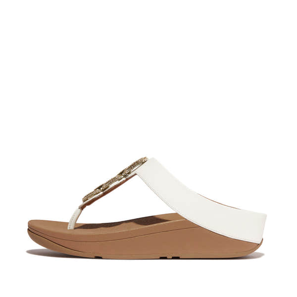 FitFlop HX2-194 Fino Crystal ladies urban white leather slip-on sandals with embellished detail, cushioned footbed, and tan sole.